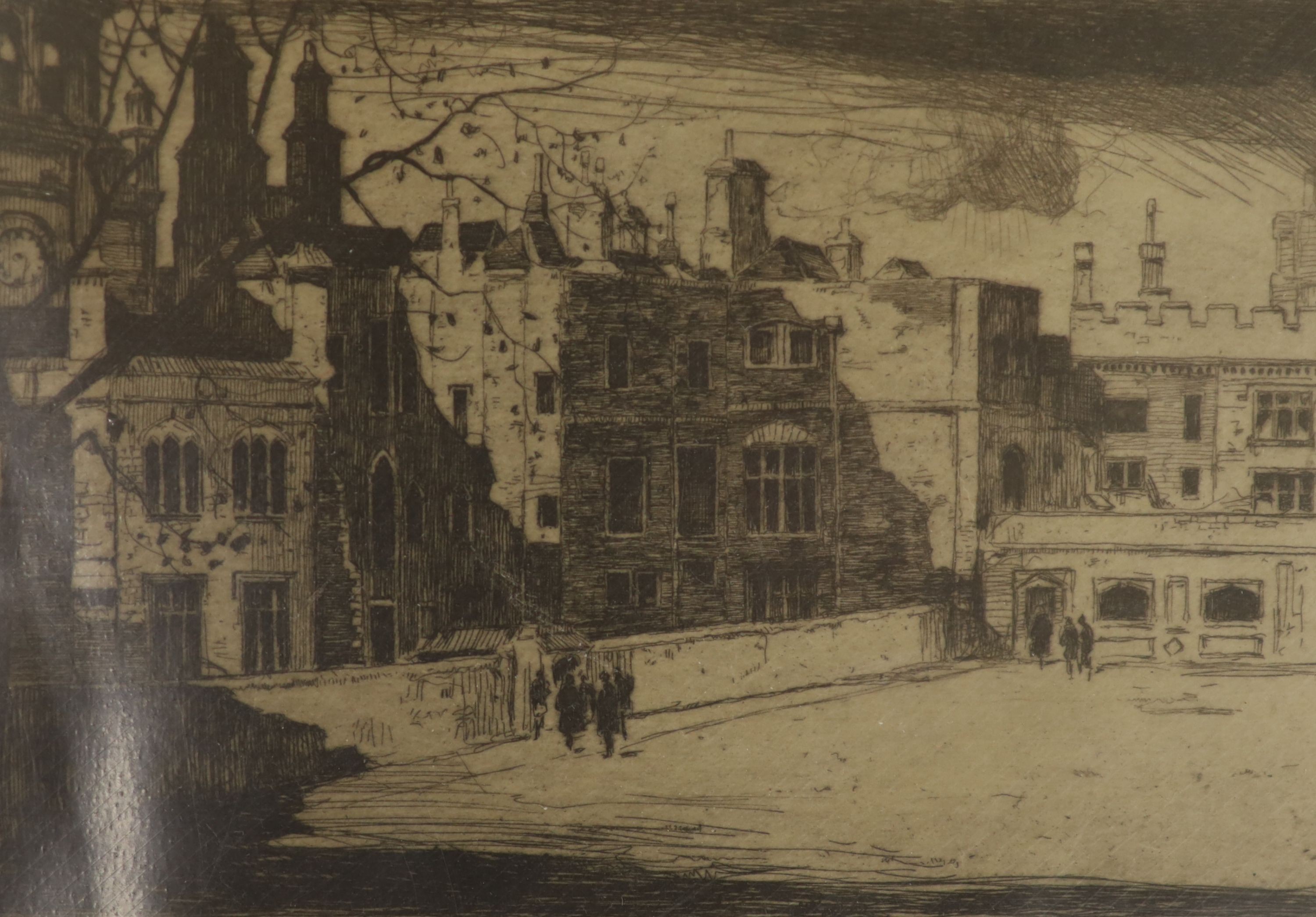 David Young Cameron, R.A, R.S.A., R.W.S., R.E. (1865-1945) , eight etchings, Views of Winchester, Dovedale, Charter House School, etc., largest 9 x 15cm, unframed